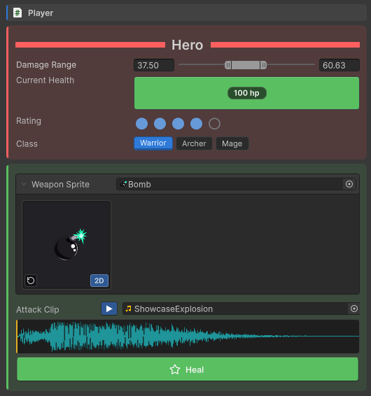 A Unity inspector built with Sasquatch Inspector: a coloured Player section with a Hero header, a dual-handle Damage Range slider, a green Current Health bar reading 100 hp, a star Rating control, Warrior/Archer/Mage class buttons, an inline sprite preview of a bomb, a playable audio waveform, and a Heal button